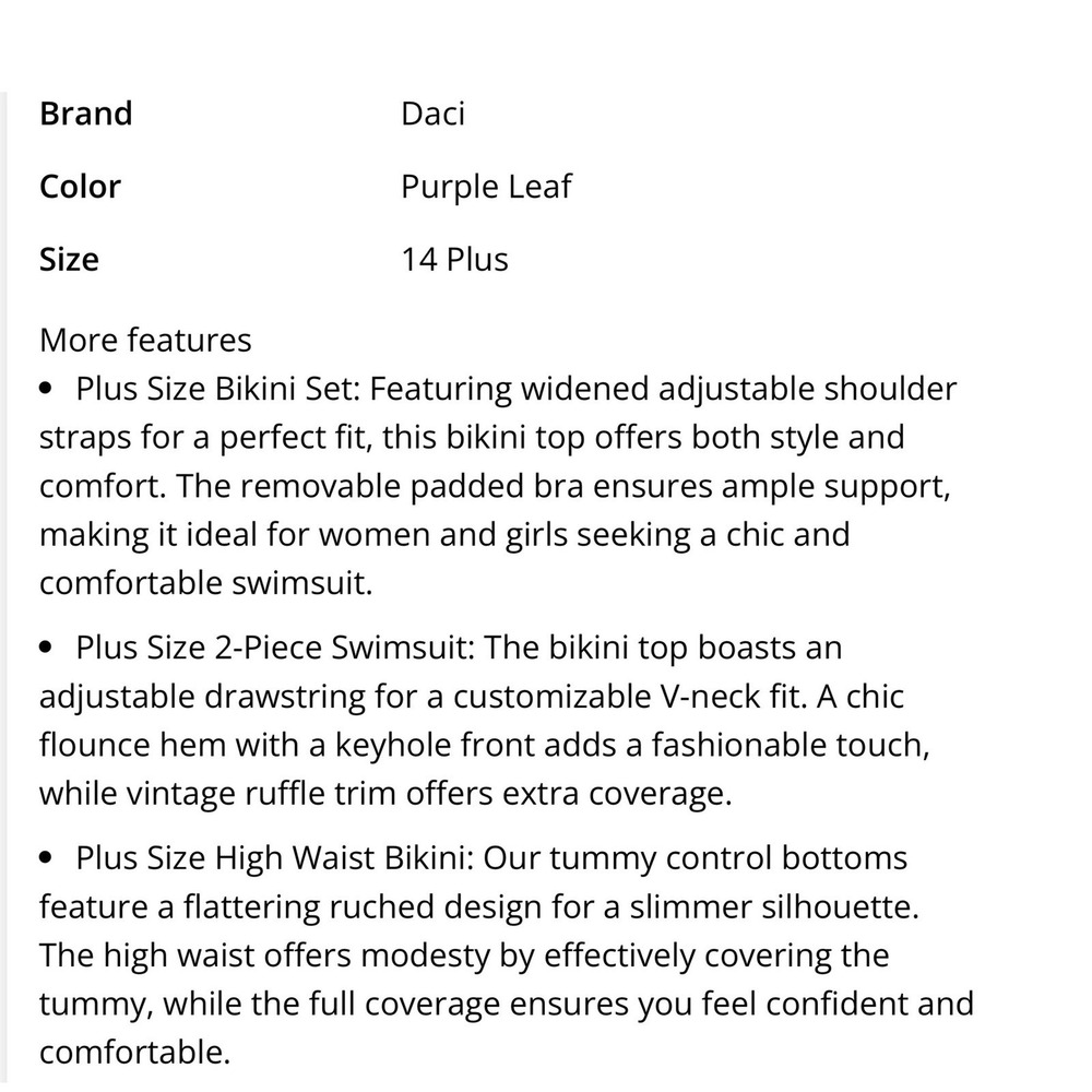 Daci Mens Plus Size Bikini Set High Waisted Ruffle Tummy Control Purple Leaf 14W - Picture 3 of 13